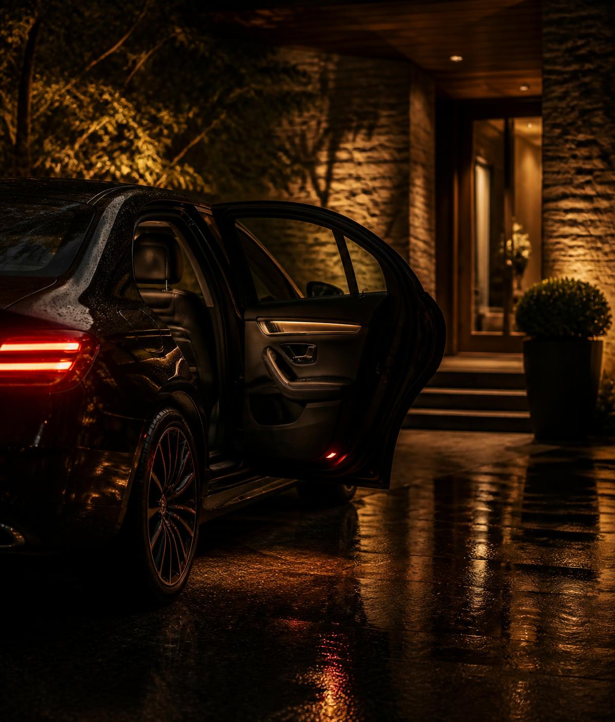 A car door held open at a lit entrance at night