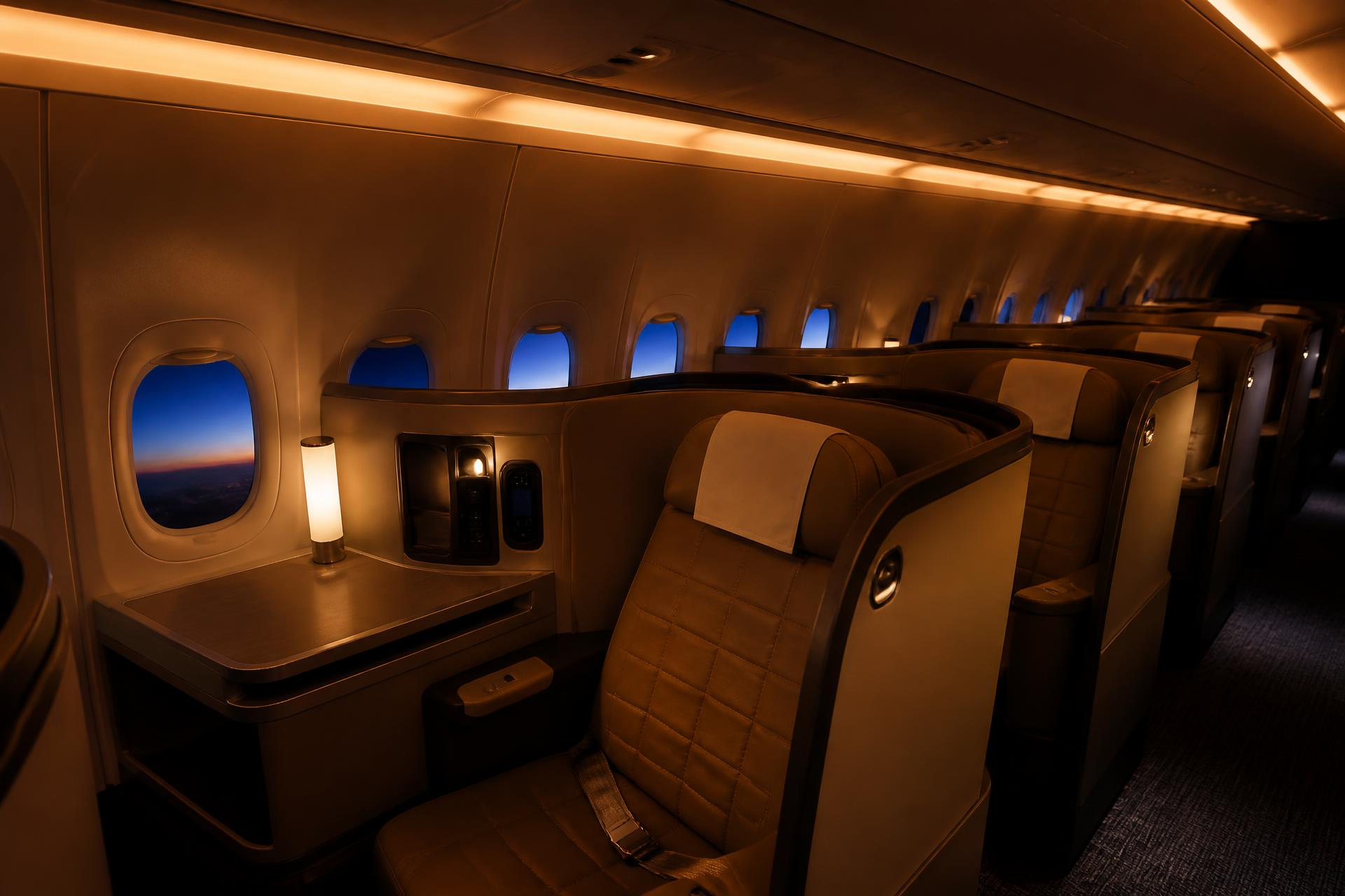 Empty business class cabin lit warmly at dusk